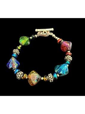 Signed Saki 925 Art Glass Bead Bracelet Toggle Sterling Silver 7.5”